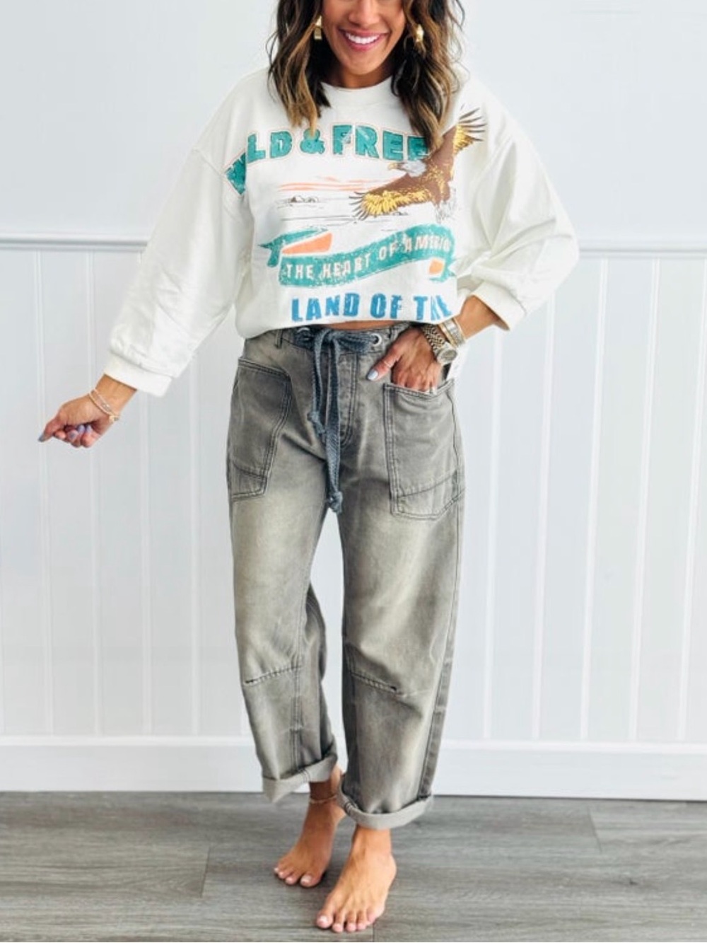 Grommet Waist Barrel Blue Jeans